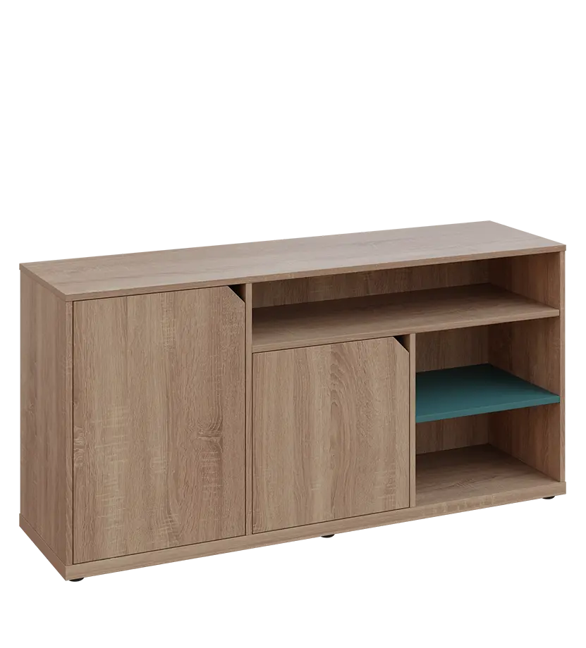 KU2-15DN3 L skříňka nízká 2-dveřová, nika, 740x1522x400, provedení levé, korpus a dvířka dub bardolino/police světle petrolejová